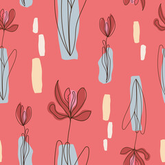 A pattern of abstract flowers with figures of indeterminate shape on a pink background.