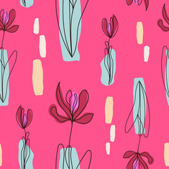 A pattern of abstract flowers with figures of indeterminate shape on a pink background.