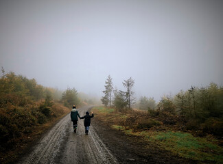 Children lost in the foggy forest looking for the way to home