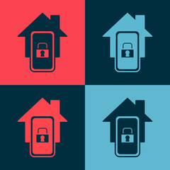 Pop art Mobile phone with smart home icon isolated on color background. Remote control. Vector