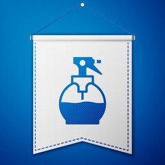 Blue Hairdresser pistol spray bottle with water icon isolated on blue background. White pennant template. Vector