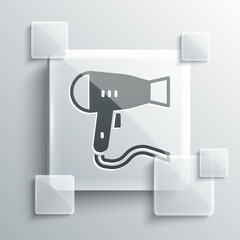 Grey Hair dryer icon isolated on grey background. Hairdryer sign. Hair drying symbol. Blowing hot air. Square glass panels. Vector