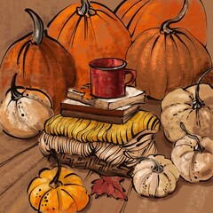 Cup of coffee, cozy knitted sweater, pumpkin, fall leaves.
