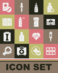 Set Pills in blister pack, Medical digital thermometer, Laptop with cardiogram, Bottle nasal spray, nozzle, prescription and Medicine bottle icon. Vector