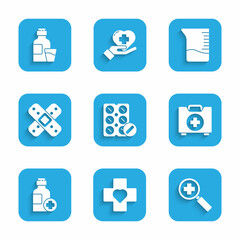 Set Pills in blister pack, Heart with cross, Magnifying glass for search medical, First aid kit, Bottle of medicine syrup, Crossed bandage plaster, Measuring cup and icon. Vector