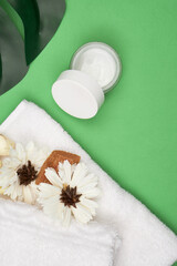 Obraz na płótnie Canvas bathroom accessories skin care aromatherapy Green background