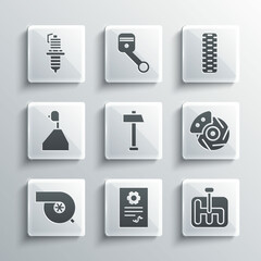 Set Auto service check automotive, Gear shifter, Car brake disk with caliper, Hammer, Automotive turbocharger, spark plug and tire wheel icon. Vector