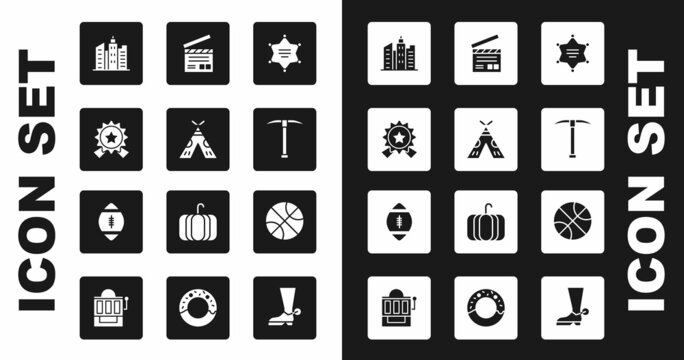 Set Hexagram sheriff, Indian teepee or wigwam, Medal with star, City landscape, Pickaxe, Movie clapper, Basketball ball and American Football icon. Vector