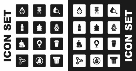 Set Drop and magnifying glass, Big bottle with clean water, Bottle of, Defrosting, Fire hydrant, Water cooler, filter cartridge and icon. Vector