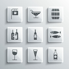 Set Glass of champagne, Beer bottle, Dried fish, Wine glass, Bottles wine, Street signboard with Bar and Wooden barrel icon. Vector