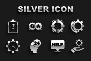 Set Support operator in touch, Telephone 24 hours support, Settings the hand, Speech bubble with text Help, Time Management, Lifebuoy, Clipboard question marks and Question Answer icon. Vector