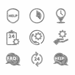 Set Telephone 24 hours support, Speech bubble with text Help, Settings in the hand, FAQ, Checklist service, Location clock and Shield icon. Vector