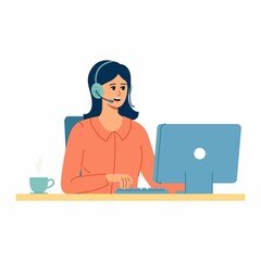 Customer service. Woman with headphones and microphone with computer. Concept illustration for support, call center, online support, 24 hours. 