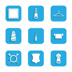 Set Awl tool, Leather, Zipper, Textile fabric roll, Sewing button and knitting needles, thread, Hanger wardrobe and Pattern icon. Vector