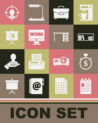 Set Spiral notebook, Time is money, Shelf with books, Briefcase, Monitor text work, Chalkboard diagram, Head hunting concept and Office desk icon. Vector