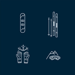 Icons set Skiing linear. Pictographs for winter, sports clothing, accessories for skiing, clothing. . Vector illustration