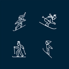 Set of Skiing icons. Pictographs of linear winter sports. Snowboarder, Skiing, Slalom, Ski jumping. Vector illustration