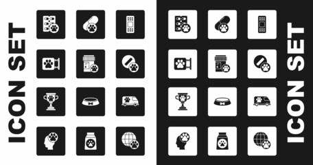 Set Bandage plaster, Dog medicine bottle, Veterinary clinic, pill, ambulance and Pet award icon. Vector