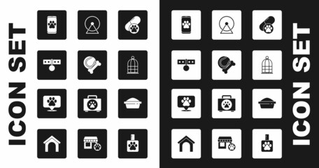 Set Dog pill, Pet toys bone rubber and ball, Collar with name tag, Veterinary clinic, Cage for birds, Hamster wheel, food bowl and Location veterinary icon. Vector