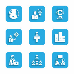 Set Stage stand or tribune, Hierarchy organogram chart, Two sitting men talking, Award over winner podium, Businessman, Marketing target strategy, cup and Earth globe icon. Vector