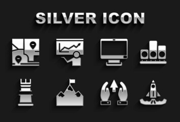 Set Mountains with flag, Ranking star, Rocket, Growth chart and progress, Business strategy, Computer monitor, Folded map location and Training, presentation icon. Vector