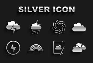 Set Rainbow, Cloud, Sun and cloud weather, Weather forecast, Lightning bolt, Tornado, Storm and with rain moon icon. Vector