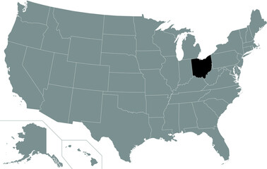 Black highlighted location administrative map of the US Federal State of Ohio inside gray map of the United States of America