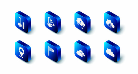 Set Meteorology thermometer, Cloud with rain and lightning, Storm warning, moon, Cone windsock wind vane, Location cloud and icon. Vector