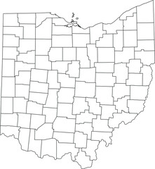 White blank vector administrative map of the Federal State of Ohio, USA with black borders of its counties
