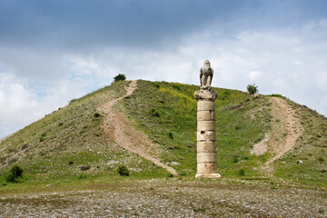 Carved stone blackbird on column at Karakus Tumulus, Mount Nemrut, Eastern Anatolia, Turkey