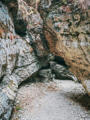 Interesting rocks forming a narrow passage in the Saltinskij gorge. A unique nature reserve in Dagestan. Gorge in mountains landscape nature on Russia.