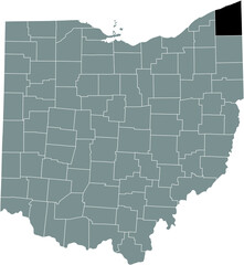 Black highlighted location map of the Ashtabula County inside gray administrative map of the Federal State of Ohio, USA