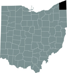Fototapeta premium Black highlighted location map of the Ashtabula County inside gray administrative map of the Federal State of Ohio, USA