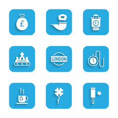 Fototapeta premium Set London sign, Four leaf clover, Wood cricket bat and ball, Watch with chain, Cup of tea tea bag, British crown, Big Ben tower and Money pound icon. Vector