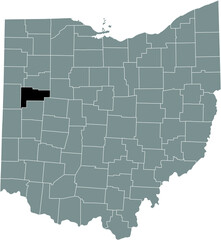 Black highlighted location map of the Auglaize County inside gray administrative map of the Federal State of Ohio, USA