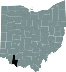 Obraz premium Black highlighted location map of the Brown County inside gray administrative map of the Federal State of Ohio, USA