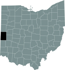 Black highlighted location map of the Darke County inside gray administrative map of the Federal State of Ohio, USA