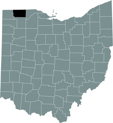 Black highlighted location map of the Fulton County inside gray administrative map of the Federal State of Ohio, USA