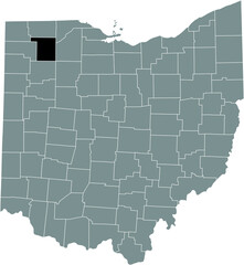 Black highlighted location map of the Henry County inside gray administrative map of the Federal State of Ohio, USA