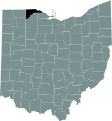 Black highlighted location map of the Lucas County inside gray administrative map of the Federal State of Ohio, USA