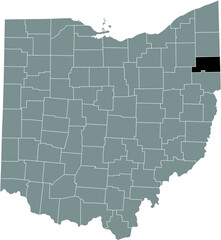 Black highlighted location map of the Mahoning County inside gray administrative map of the Federal State of Ohio, USA