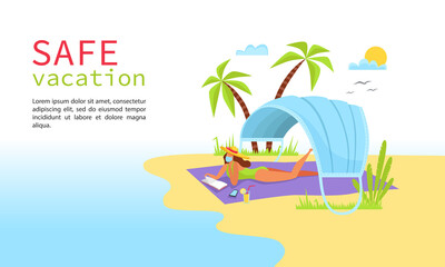 Safe vacation concept, travel. A woman in a swimsuit lies on the beach with a protective mask on her face, a canopy from the sun in the form of a mask. Vector flat illustration