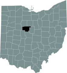 Black highlighted location map of the Marion County inside gray administrative map of the Federal State of Ohio, USA
