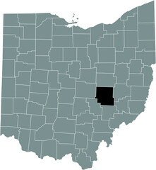 Black highlighted location map of the Muskingum County inside gray administrative map of the Federal State of Ohio, USA