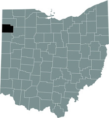 Black highlighted location map of the Paulding County inside gray administrative map of the Federal State of Ohio, USA