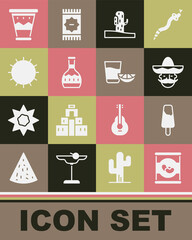 Set Beans in can, Popsicle ice cream, Mexican man sombrero, Cactus, Tequila bottle, Sun, drum and glass with lemon icon. Vector