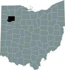 Black highlighted location map of the Putnam County inside gray administrative map of the Federal State of Ohio, USA
