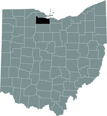 Black highlighted location map of the Sandusky County inside gray administrative map of the Federal State of Ohio, USA