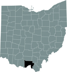 Black highlighted location map of the Scioto County inside gray administrative map of the Federal State of Ohio, USA
