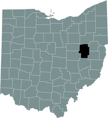 Black highlighted location map of the Tuscarawas County inside gray administrative map of the Federal State of Ohio, USA